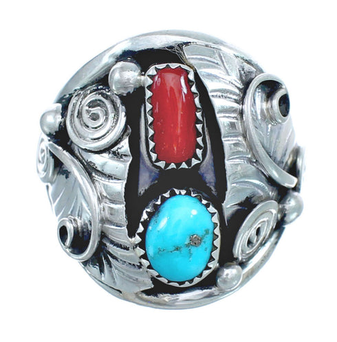 Navajo Turquoise And Coral Sterling Silver Leaf Ring Size 9-3/4 AX122353